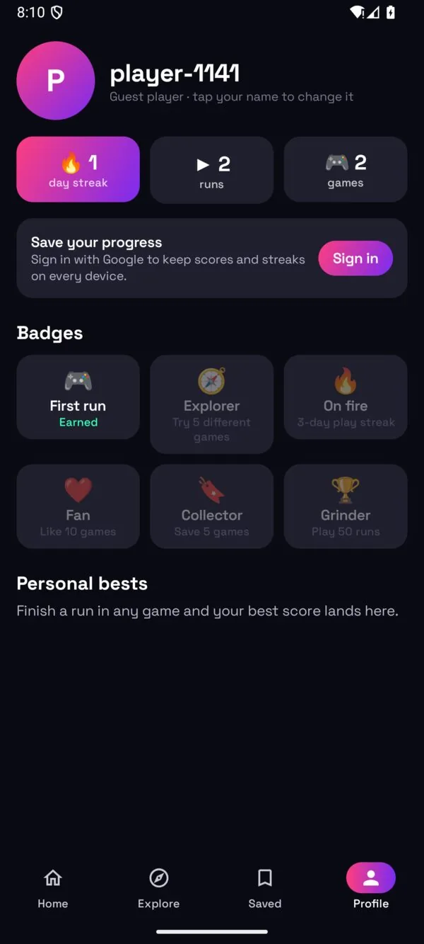 Profil pemain dengan streak dan game tersimpan